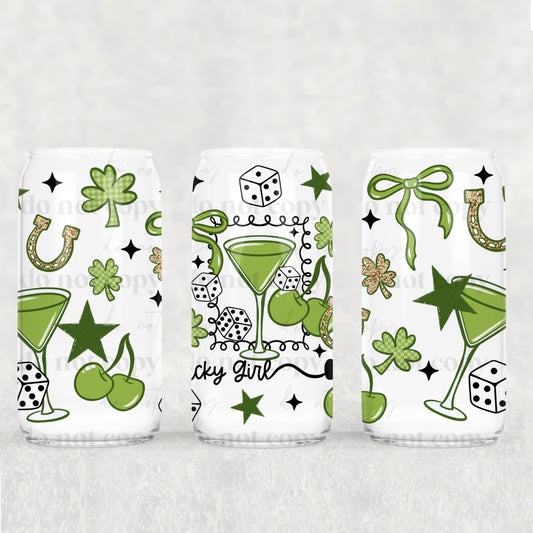St Patrick's Day Lucky Girl Martini UV DTF Double-Sided Wrap – 16oz Glass Can & Tumbler Design