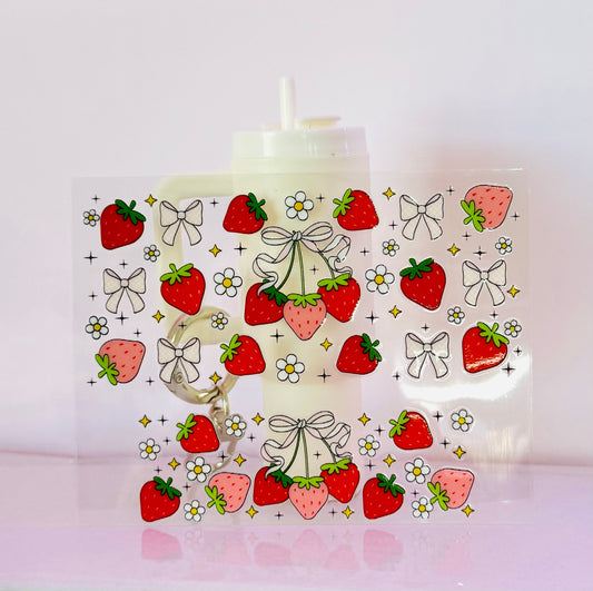 Strawberries & Bows Tumbler Keychain Uv Dtf Wraps Top & Bottom Set