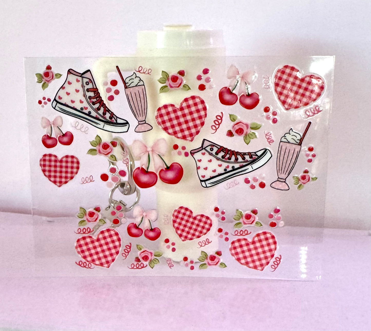 Gingham Hearts & Tennis Shoes Mini Tumbler Keychain Uv Dtf Wraps Top & Bottom Set