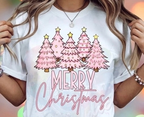 Merry Christmas Trees Pink Dtf Print Transfer Adult 11"
