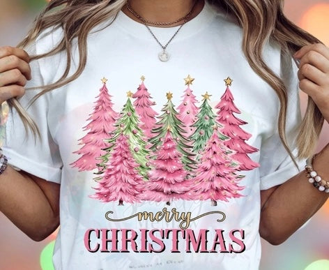 Merry Christmas Trees Pink & Green Dtf Print Transfer Adult 11"