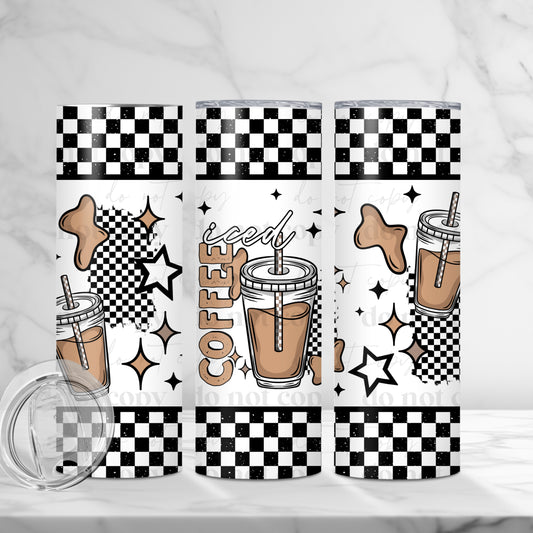Iced Coffee 20oz Skinny Tumbler Sublimation Print Black Checkered Border