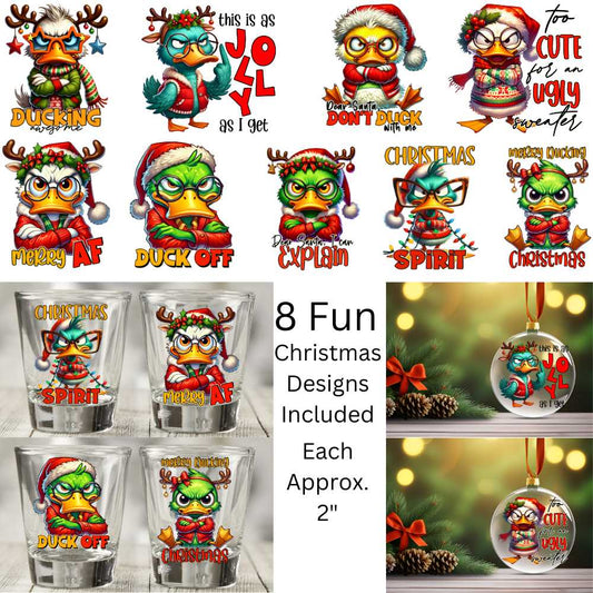 Mad Ducks Funny Christmas Designs Set of 9 Double Sided Uv Dtf Shot Glass or Ornament Decals