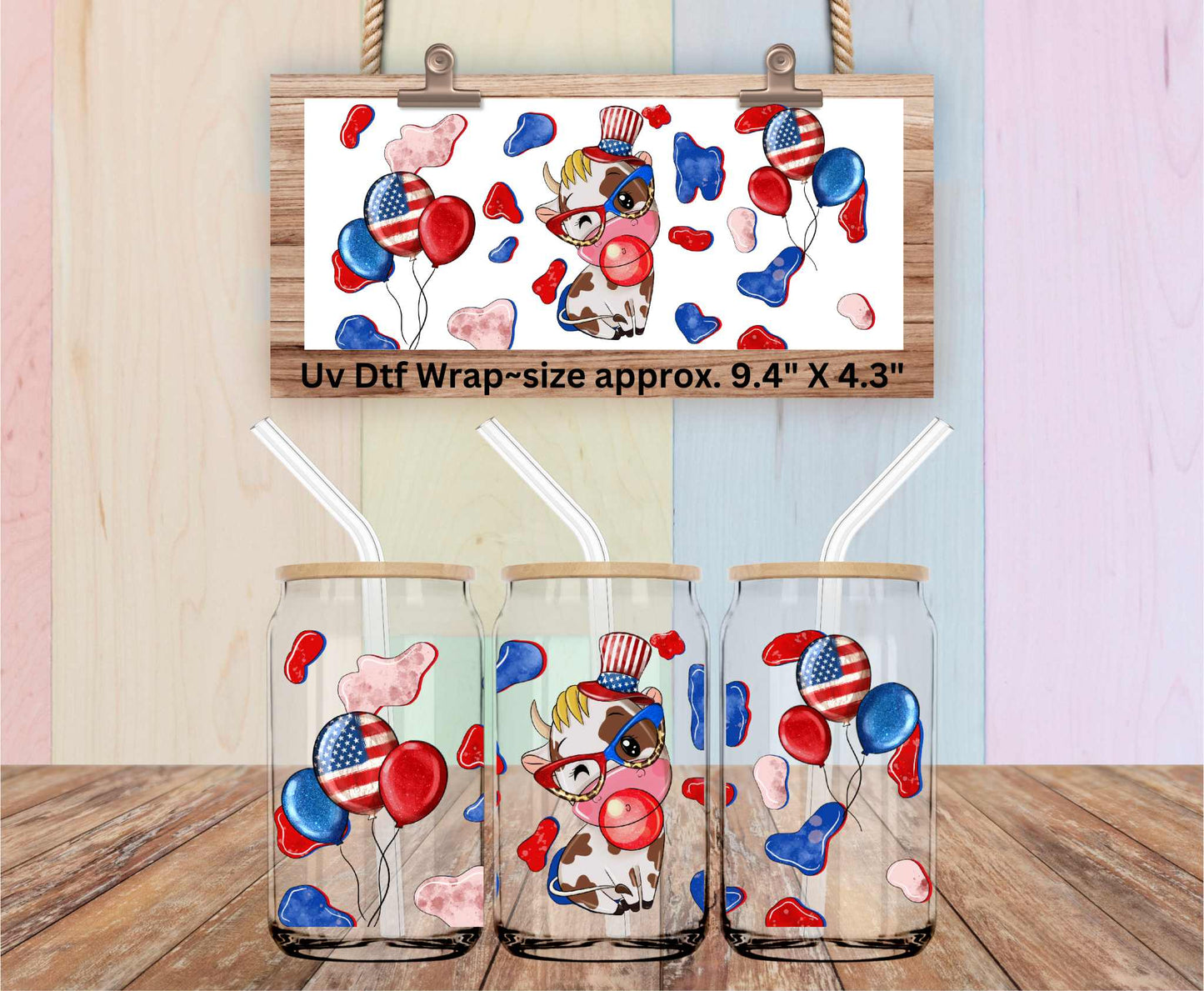 Uv Dtf Wrap American Patriotic Cute Cow Red White & Blue 4th of July