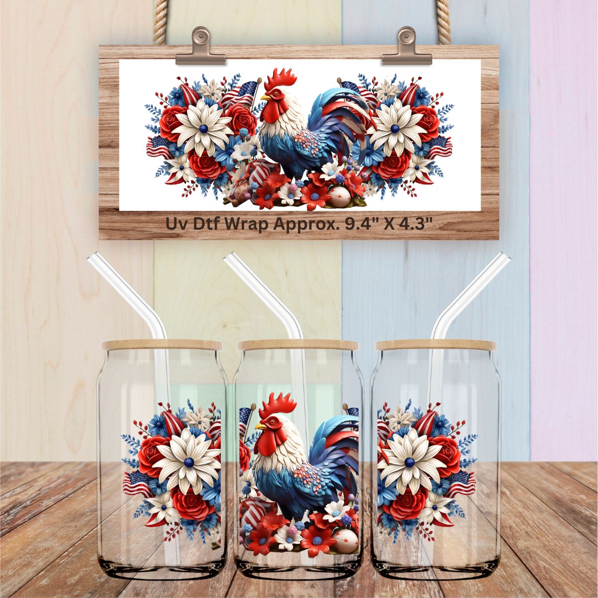 Uv Dtf Wrap 3D Patriotic Rooster Chicken Floral Design | American Flag | Red White & Blue