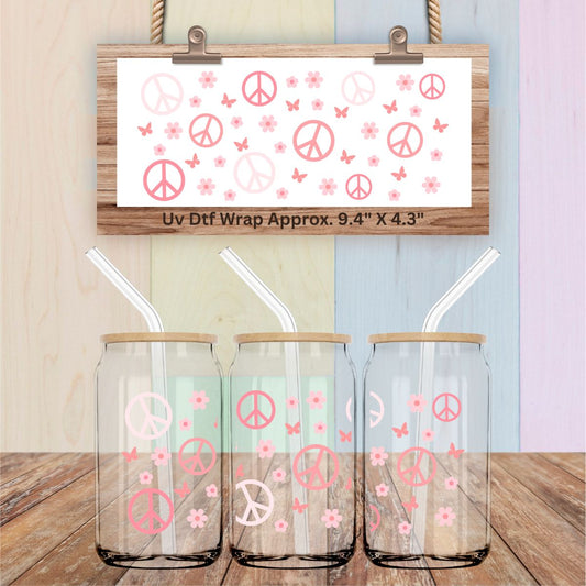 Uv Dtf Wrap Pink Cherry Blossom | Retro Peace Sign