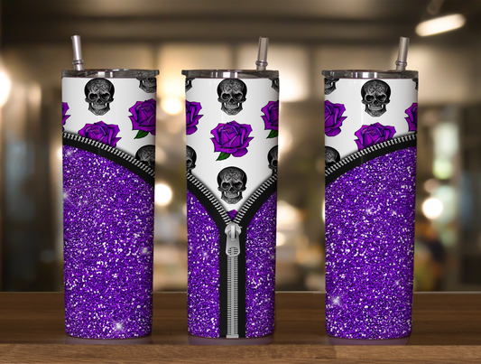 Purple Floral Glitter Metal Skulls  20oz Skinny Tumbler Sublimation Print