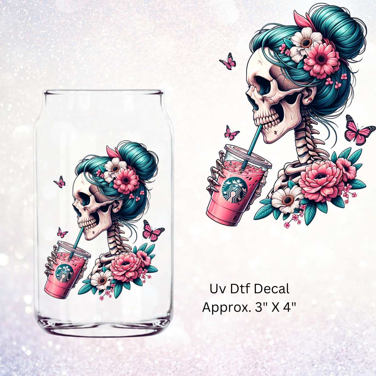 Uv Dtf Decal Skeleton Woman Iced Pink Drink