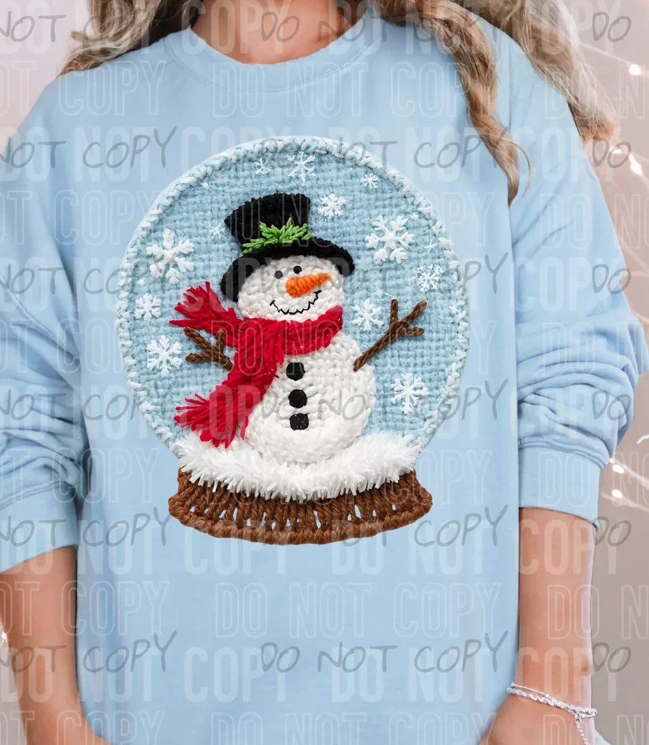 Snowman Snow Globe Faux Yarn Dtf Print Transfer Youth 8"