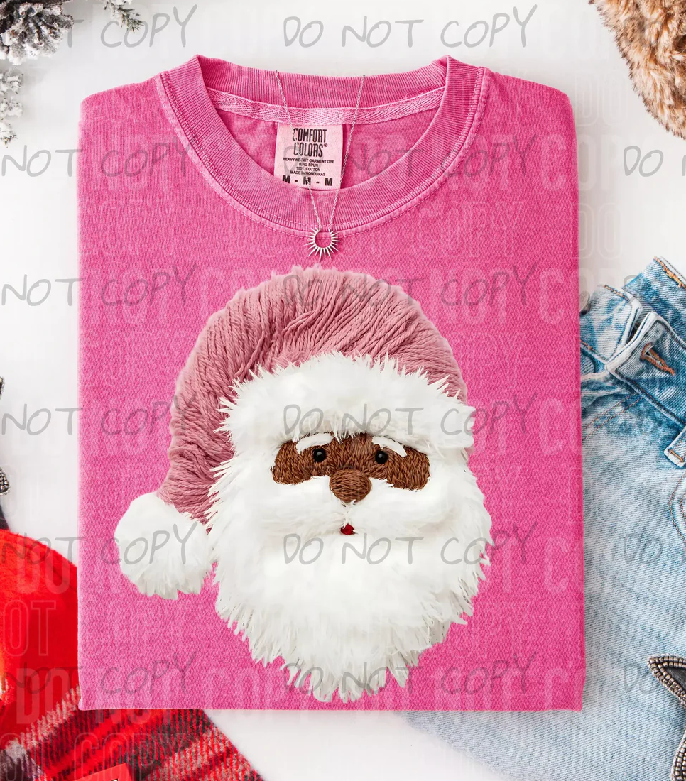 Pink Santa (Brown) Faux Yarn Dtf Print Transfer Youth 8"