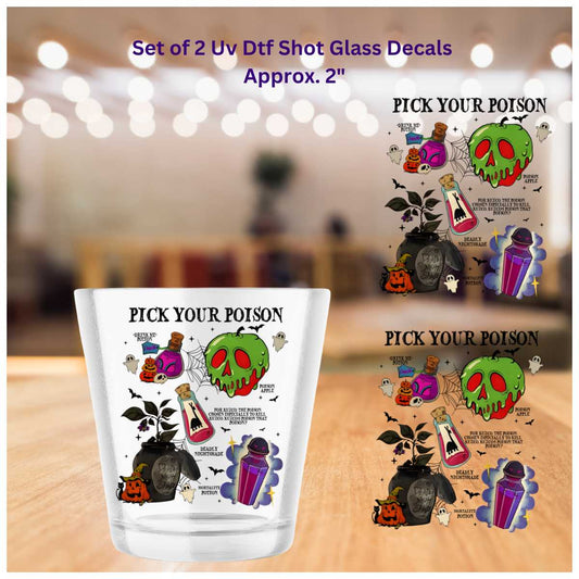 Pick Your Poison Double-Sided UV DTF Shot Glass Decals Halloween Party