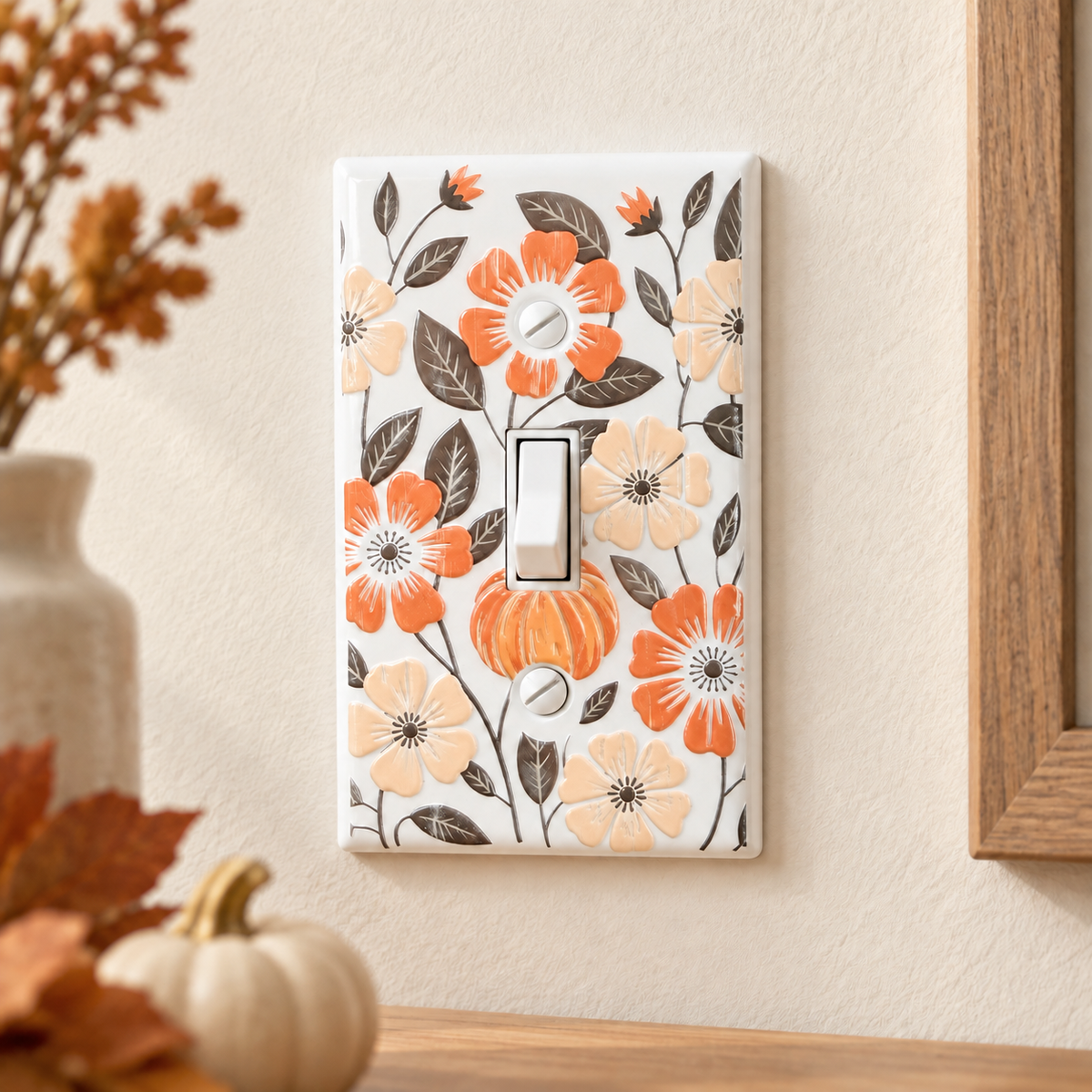A single light switch plate cover with a white background and a floral pattern of orange, peach, and brown flowers with dark brown leaves, shown mounted on a beige wall with decorative pumpkins and a vase in the foreground.