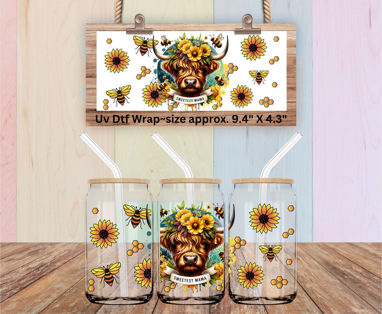 Uv Dtf Wrap Sweetest Mama Highland Cow Sunflowers & Bees