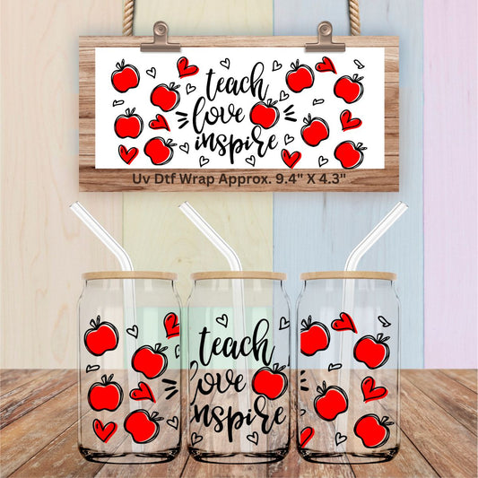 Uv Dtf Wrap Teach Love Inspire | Teacher Apples Hearts