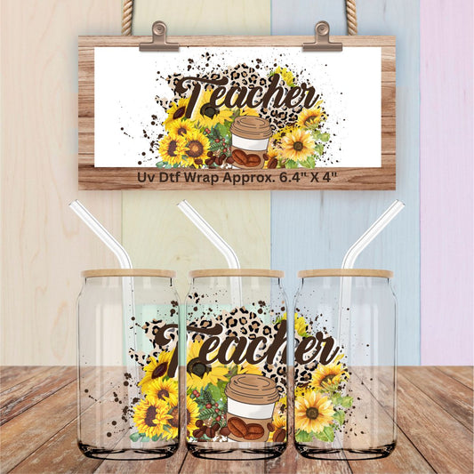 Uv Dtf  Wrap Teacher Coffee Sunflowers