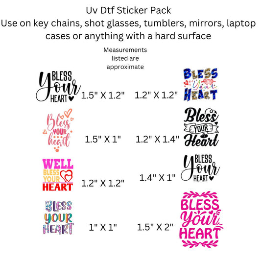Uv Dtf Decal Sticker Pack Bless Your Heart Set of 8 Shot Glass Motel Key Chain