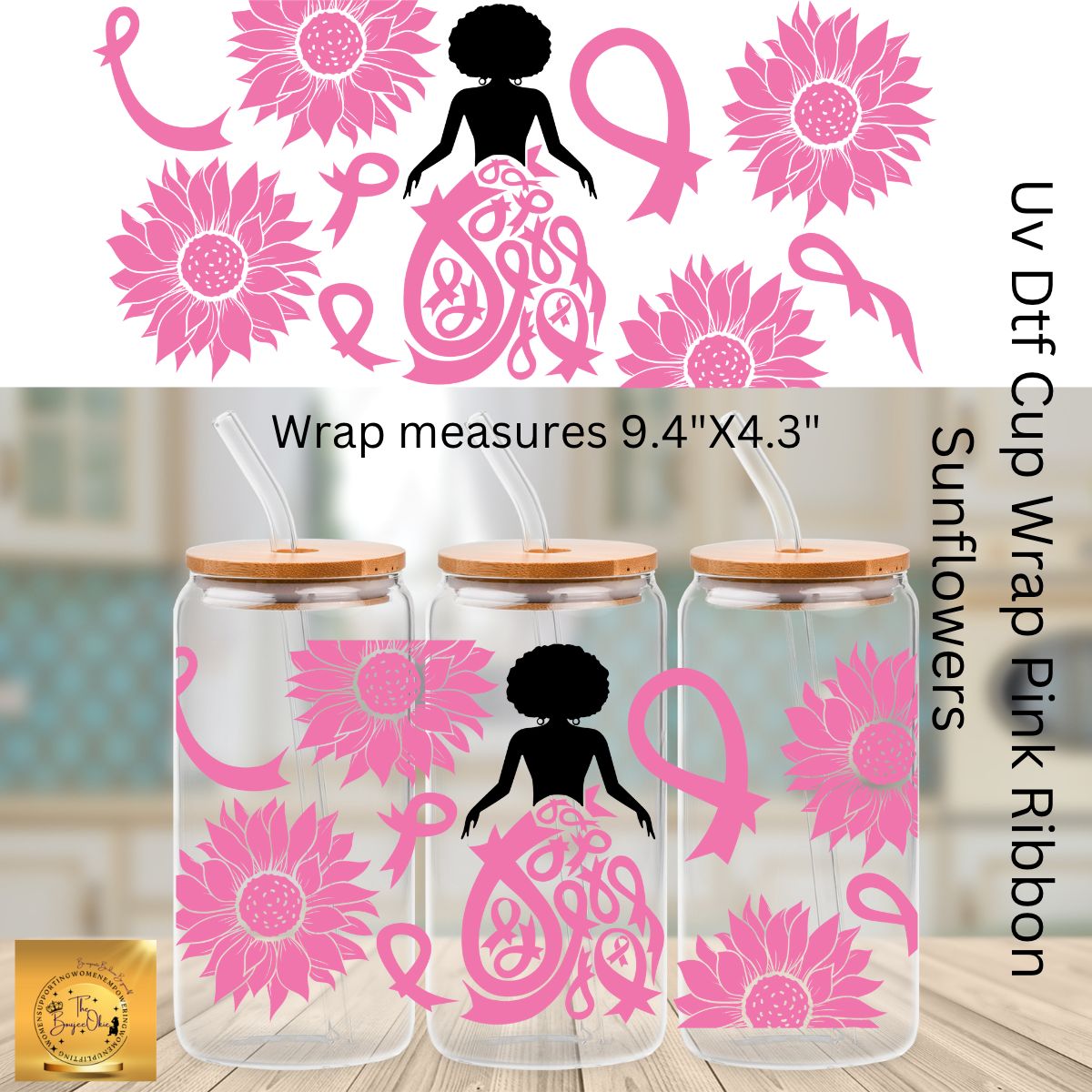 Uv Dtf Cup Wrap Breast Cancer Awareness Pink Sunflowers Glass Can Tumbler Wrap