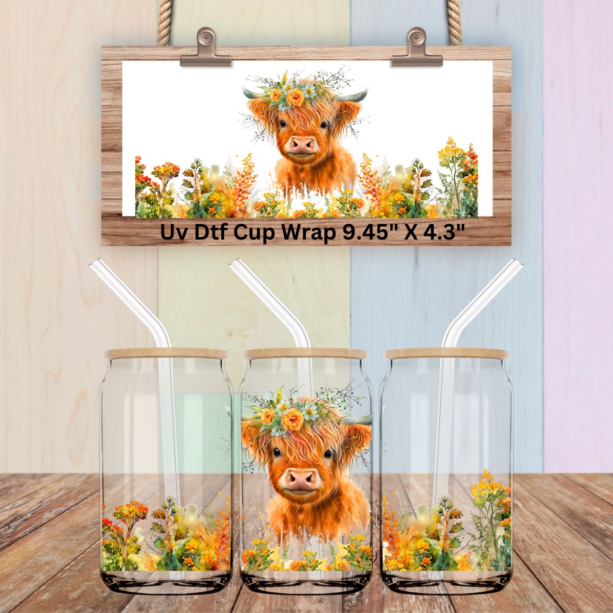 Uv Dtf Cup Wrap Highland Cow Yellow Florals