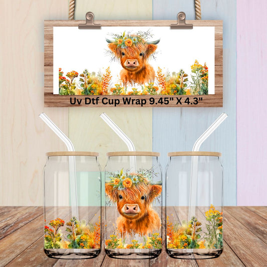 Uv Dtf Cup Wrap Highland Cow Yellow Florals