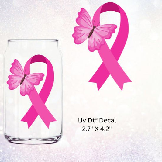 Uv Dtf Decal Pink Butterfly Breast Cancer Awareness Ribbon