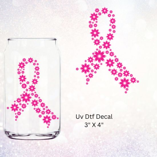 Uv Dtf Decal Pink Flowers Breast Cancer Awareness Ribbon