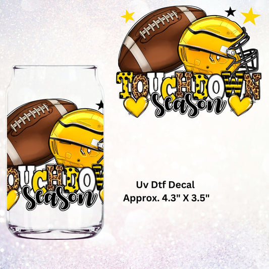 Uv Dtf Decal Touchdown Season | Football | Yellow Gold | Hip Sip Trucker Tumbler Water Bottle Plastic Cups