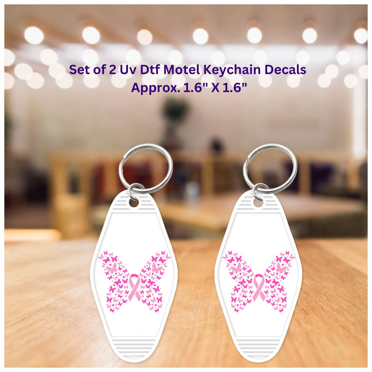 Uv Dtf Decal Set of 2 Motel Keychain Stickers Breast Cancer Awareness Pink Butterfly Heart