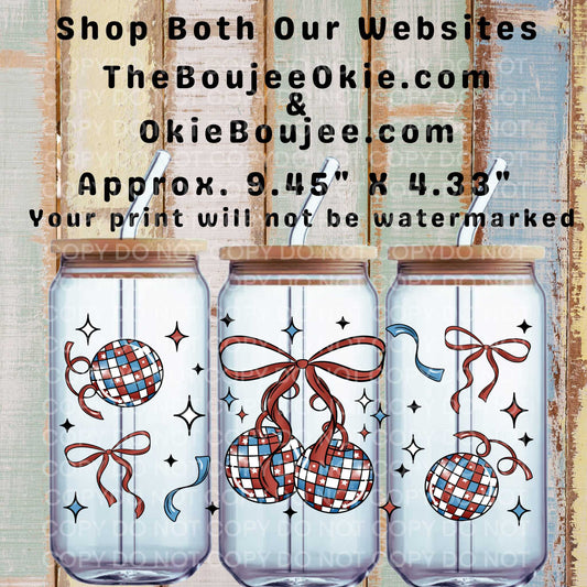 Americana Patriotic Retro Disco Balls & Bows Double-Sided UV DTF Wrap