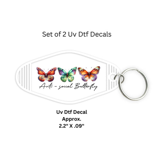Set of 2 Uv Dtf Motel Key Chain Decals Anti Social Butterfly