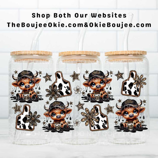 Baby Highland Cows & Cow Tags UV DTF Double-Sided Wrap – 16oz Glass Can & Tumbler Design