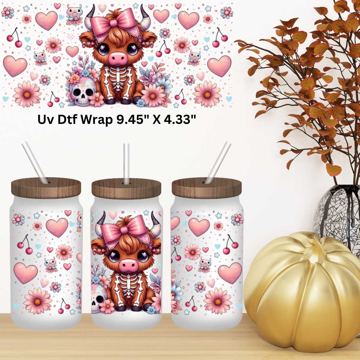 Baby Highland Skeleton Cow Double-Sided UV DTF Wrap Halloween