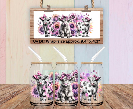 Uv Dtf Wrap Baby Highland Cows & Pastel Sunflowers | Double Sided