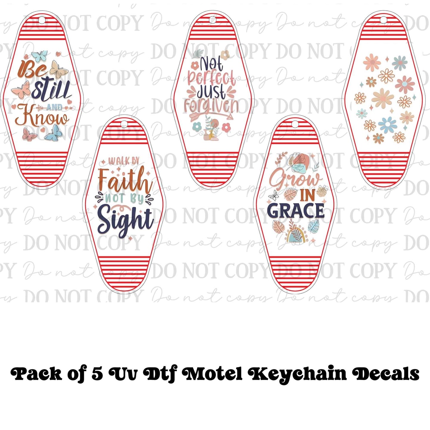 Faith Based Boho Motel Keychain UV DTF Decal Set – Pack of 5