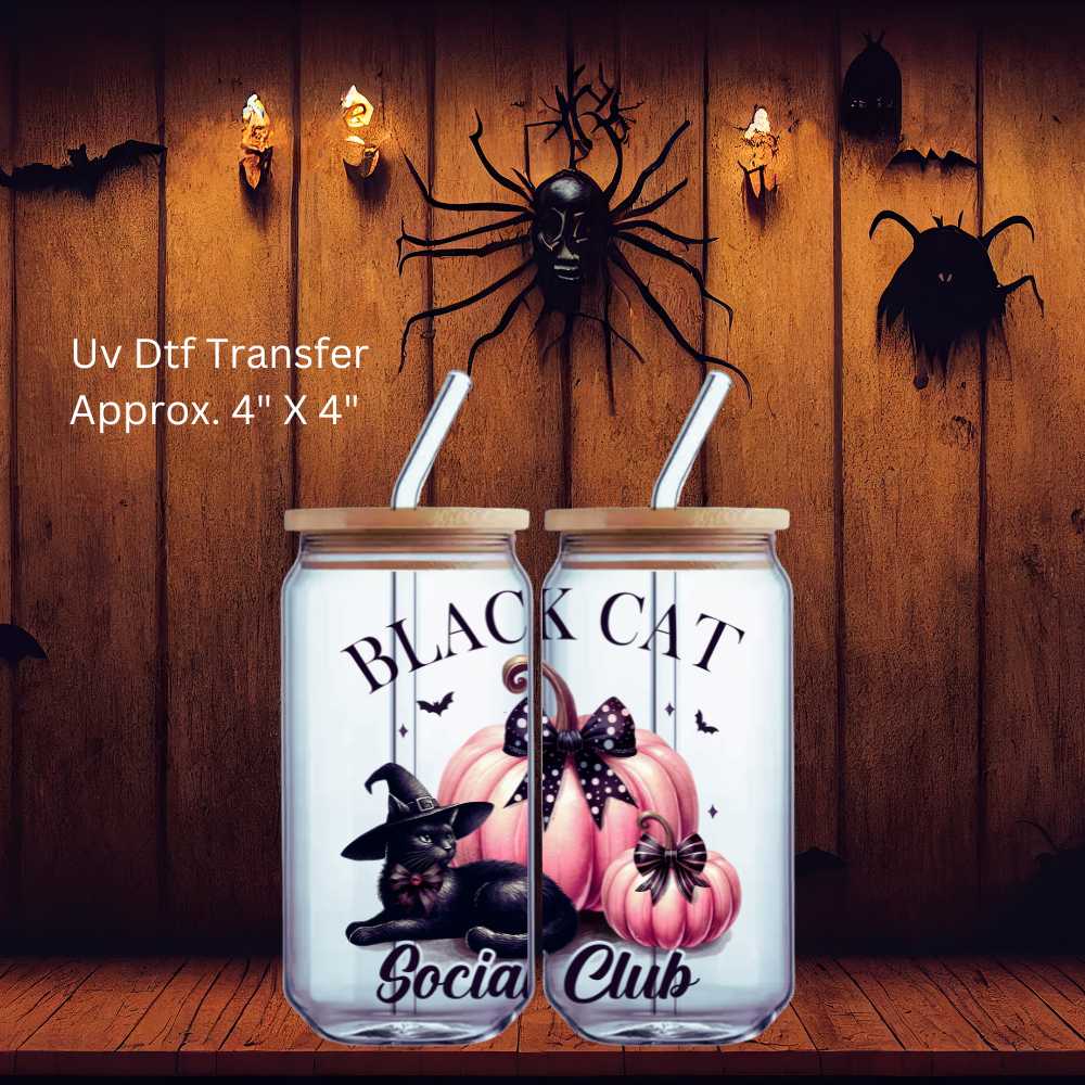 UV Dtf Decal Black Cat Social Club | Double Sided | Halloween | Pink Pumpkins