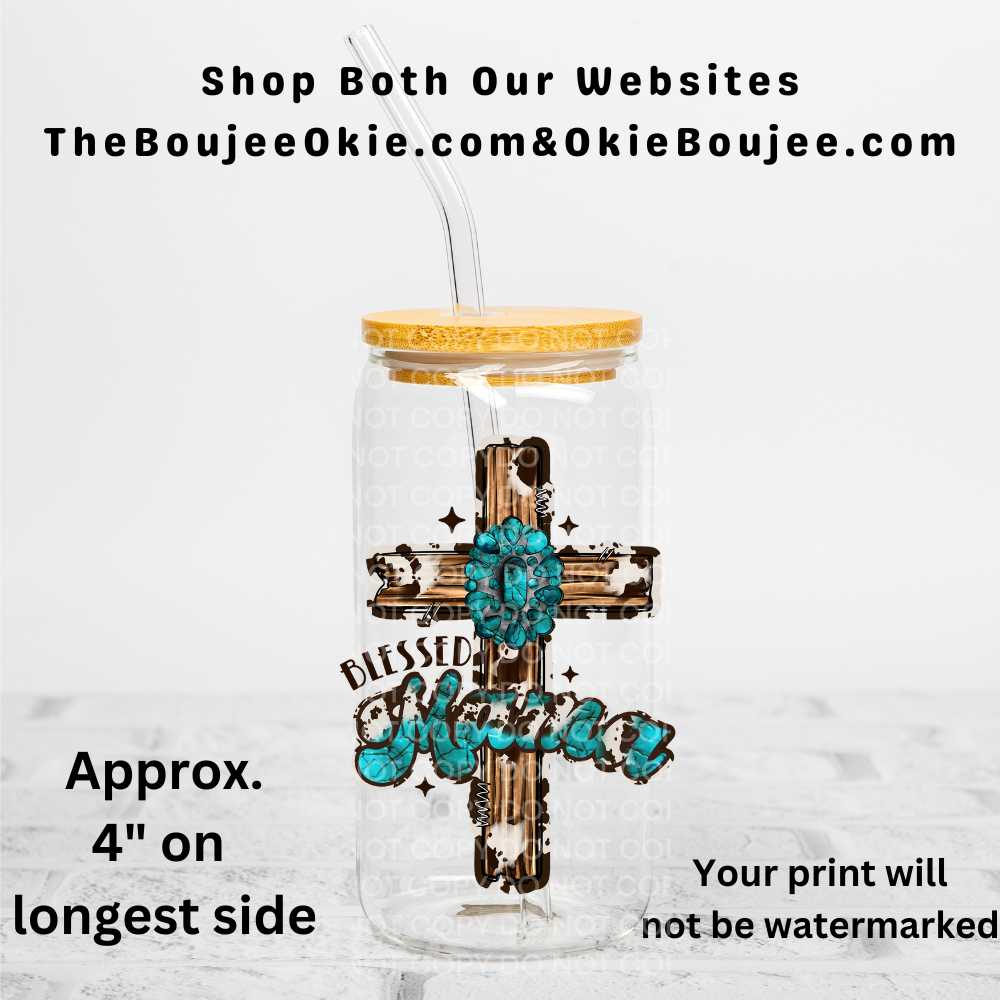 Blessed Mama Turquoise Western Cross Uv Dtf Decal Double Sided