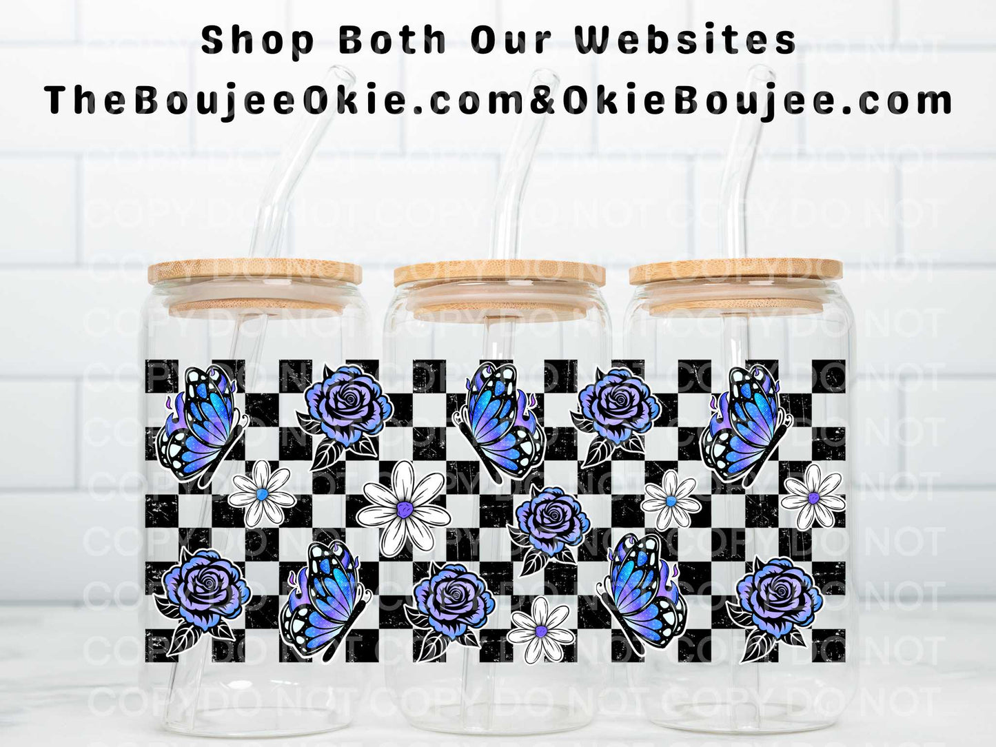 Neon Blue Roses & Butterflies Double Sided Uv Dtf Wrap