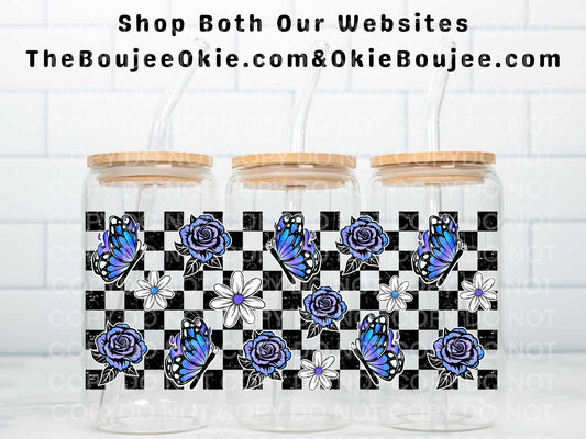 Neon Blue Roses & Butterflies Double Sided Uv Dtf Wrap