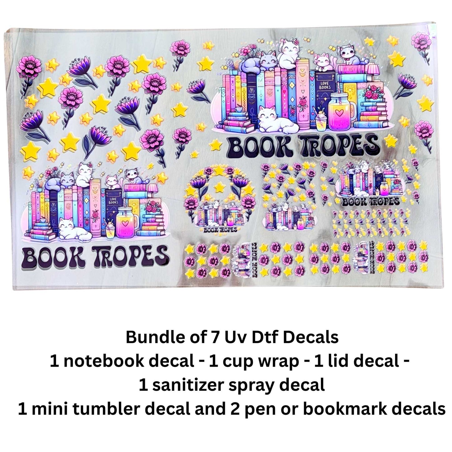 Book Tropes 7-Piece UV DTF Decal Bundle – Cup Wrap, Notebook, Lid, Keychain & Pen Decals – Single-Sided Peel & Stick Hard Surface Transfers