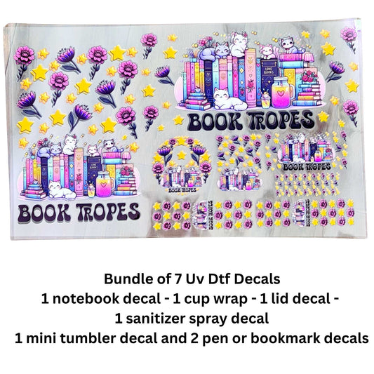 Book Tropes 7-Piece UV DTF Decal Bundle – Cup Wrap, Notebook, Lid, Keychain & Pen Decals – Single-Sided Peel & Stick Hard Surface Transfers