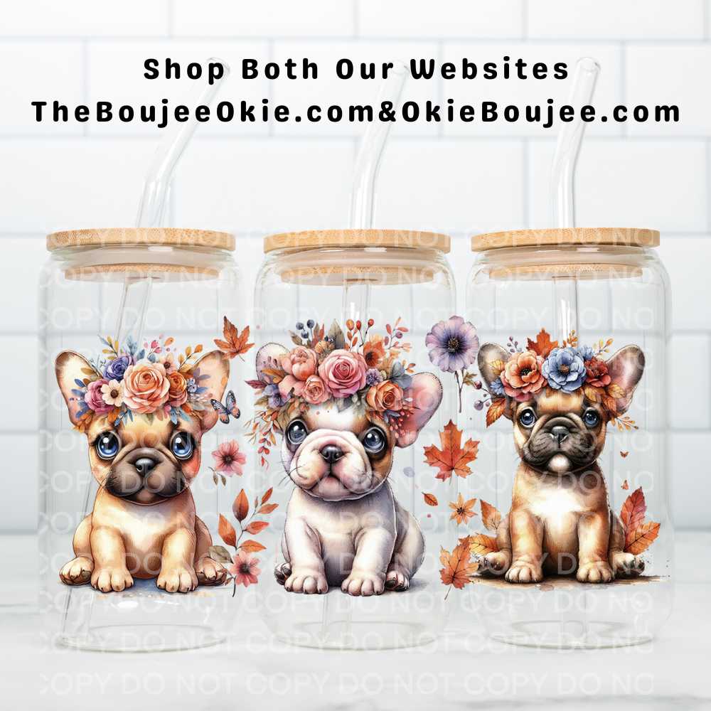 Floral Bulldog Puppies UV DTF Double-Sided Wrap – 16oz Glass Can & Tumbler Design