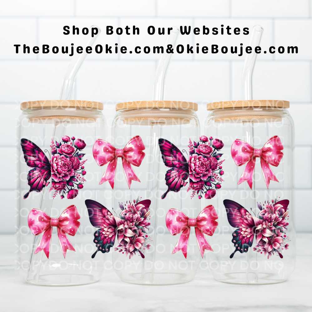 Pink Floral Butterflies & Bows UV DTF Wrap Or Elements & Clip Art Sheet – Double Sided Cup Wrap Size