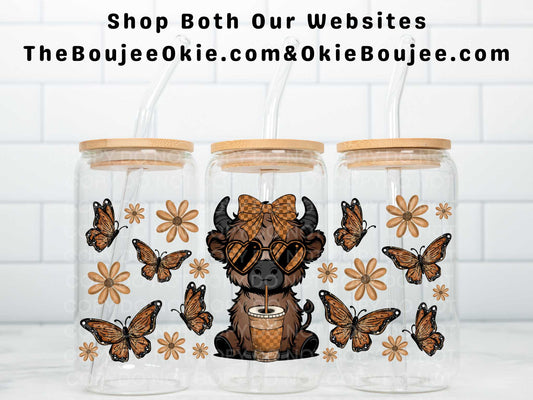 Fall Butterflies & Florals Highland Cow Uv Dtf Wrap Double Sided