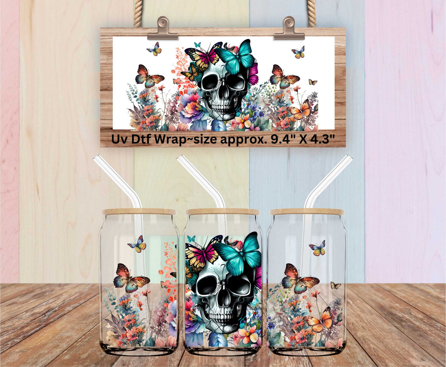 Uv Dtf Wrap Butterfly Floral Skull | Double Sided