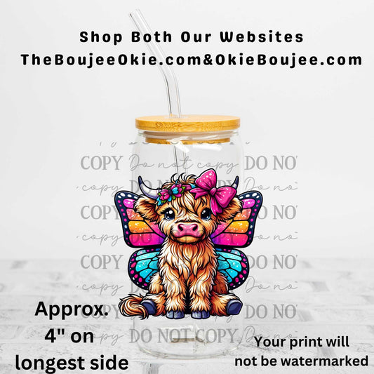 Highland Cow Butterfly Uv Dtf Decal Double Sided