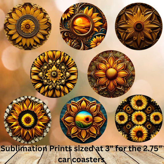 Sunflowers Tooled Leather Style Car Coasters Sublimation Print