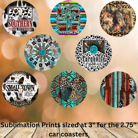 Western Style Car Coasters Sublimation Print