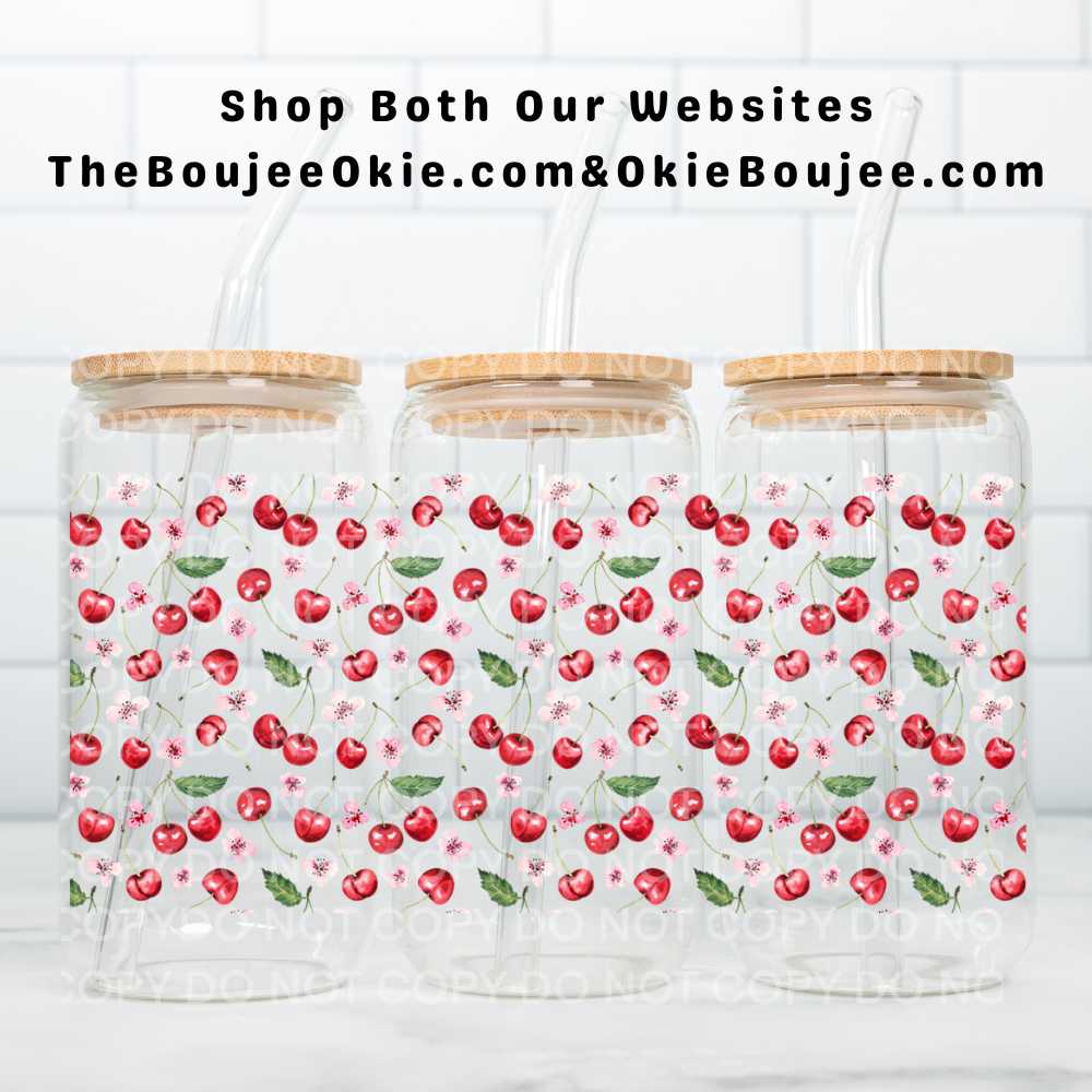 Cherries & Cherry Blossoms UV DTF Double-Sided Wrap – 16oz Glass Can & Tumbler Design
