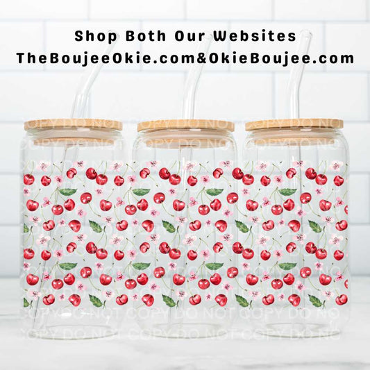 Cherries & Cherry Blossoms UV DTF Double-Sided Wrap – 16oz Glass Can & Tumbler Design