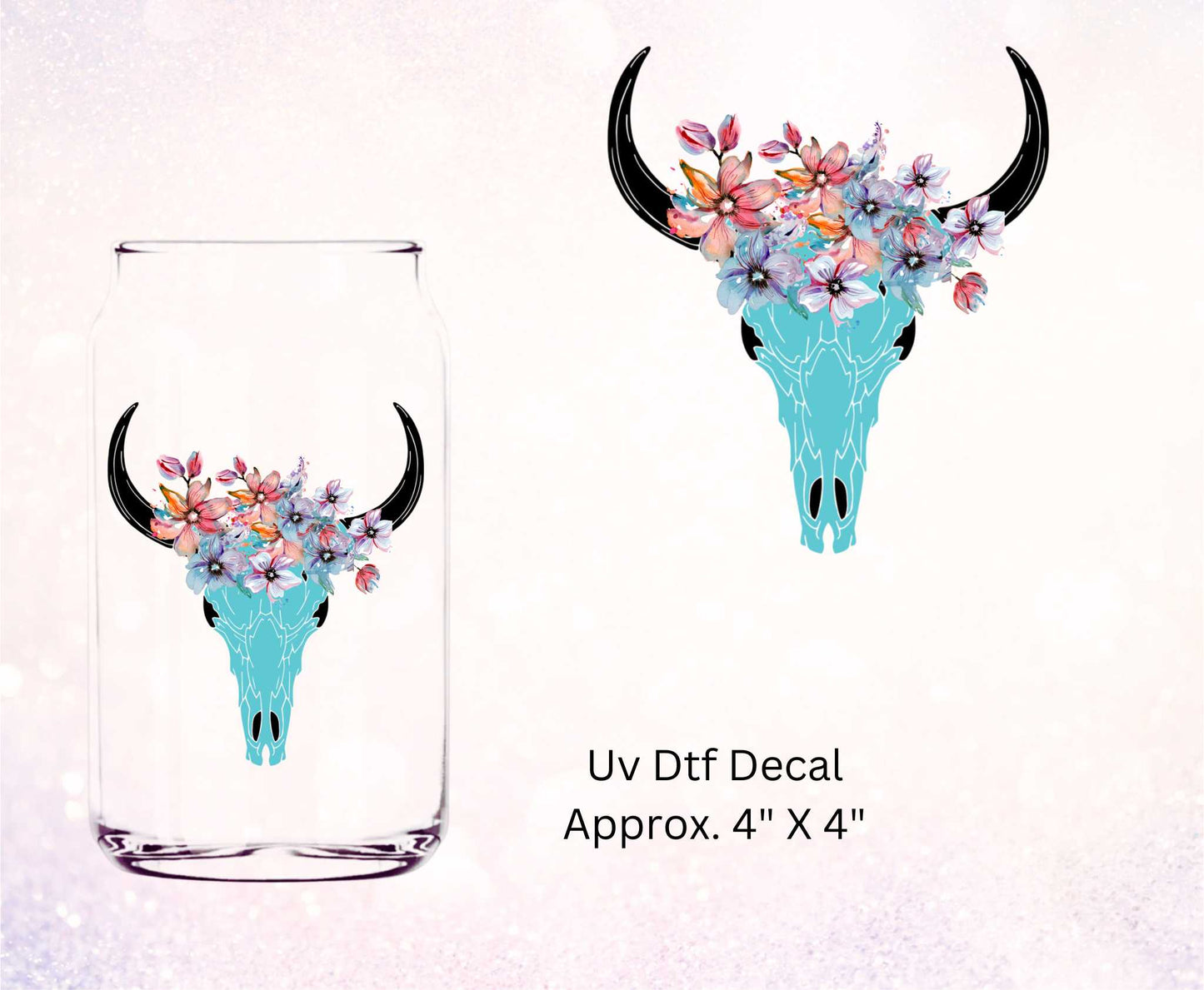 Uv Dtf Decal Cow Skull Blue Floral Design