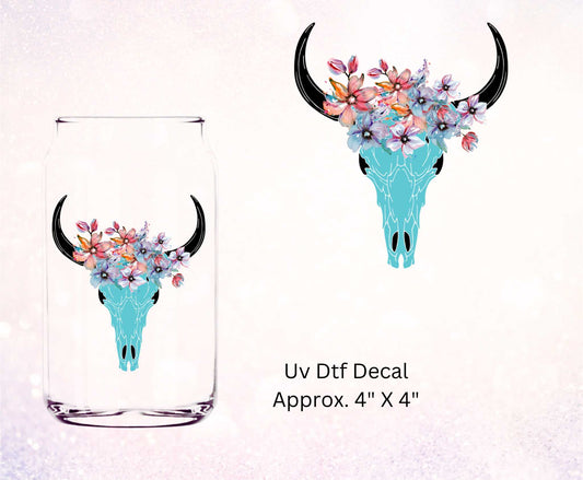 Uv Dtf Decal Cow Skull Blue Floral Design